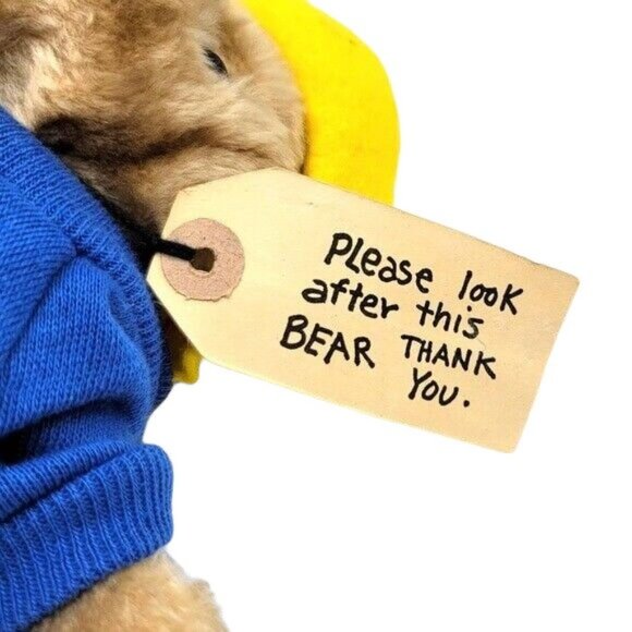 VTG Eden Paddington Bear Plush Brown 9.5" Yellow Hat Blue Sweatshirt Tag Attach - Picture 9 of 12